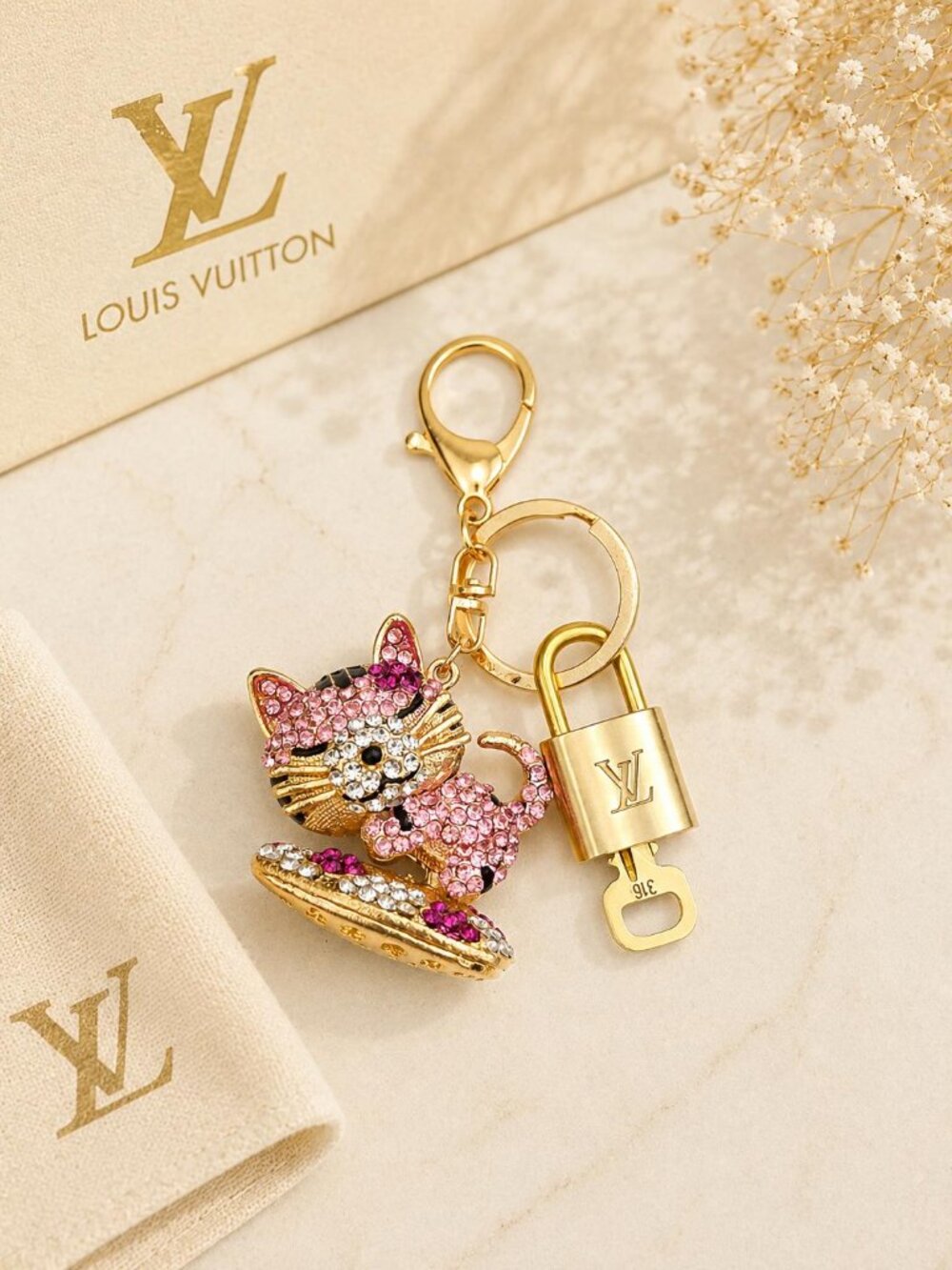 Louis Vuitton Gold Padlock Key 🔒 Authentic LV Charm + Unbranded Cat Keychain